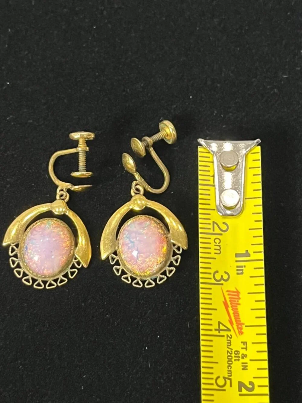 1/20 14k GF Opalite Earrings Midcentury ornate dangle unique screw on